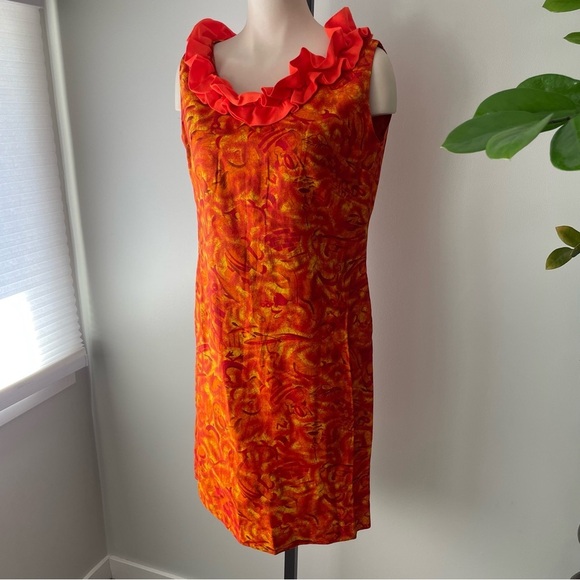 60s Vintage Inga Nielsen Orange Ruffled Sheath Midi Dress Psychedelic Retro Rare - Picture 6 of 9